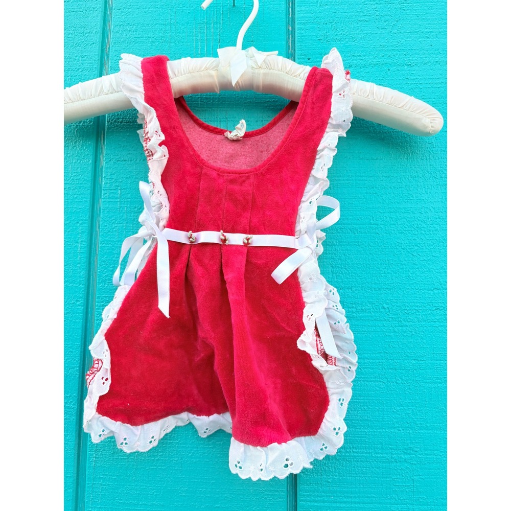 Vintage Red Velour Eyelet Lace Pinafore Apron Dress Kids Holiday Side Ties‎